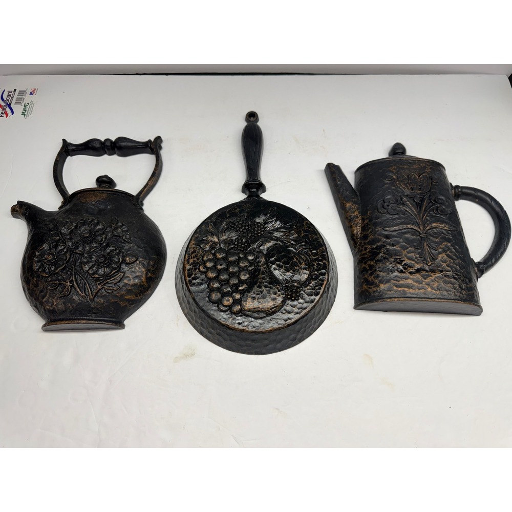 Vintage Cast Metal Kitchen Wall Decor Set Teapots Skillet Fruit Floral Bronze